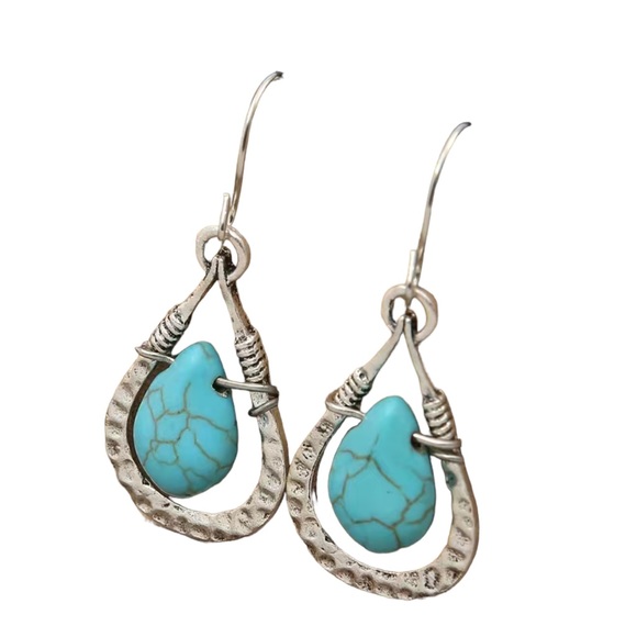 Silver and Turquoise Waterdrop Style Hammered Earrings - Picture 4 of 7
